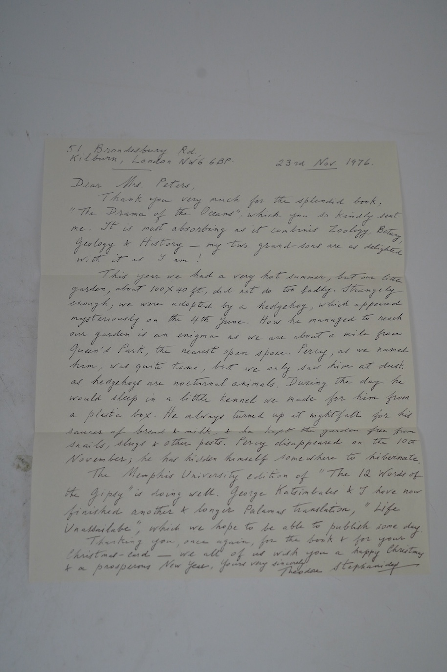 Theodore Stephanides interest; a small archive of correspondence along with a signed and dedicated copy of A Hundred Voices, pub. Kostes Palamas 1976, between Stephanides and Eleanor Peters, including letters, a postcard